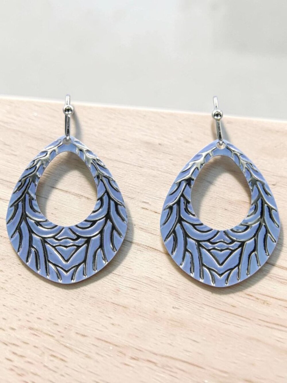 Blue Feather Teardrop Drop Earrings | Silver Tone - Picture 5 of 6